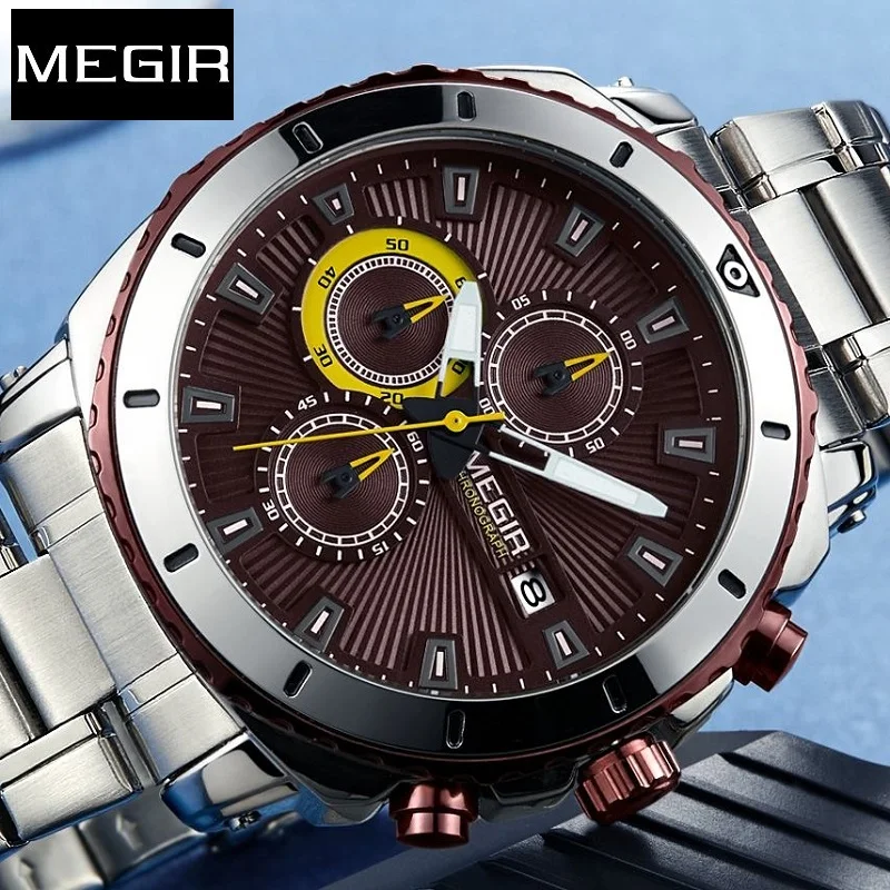 MEGIR Original Chronograph Quartz Men Watch Top Brand Stainless Steel Business WristWatch Male Clock Hour Time Relogio Masculino