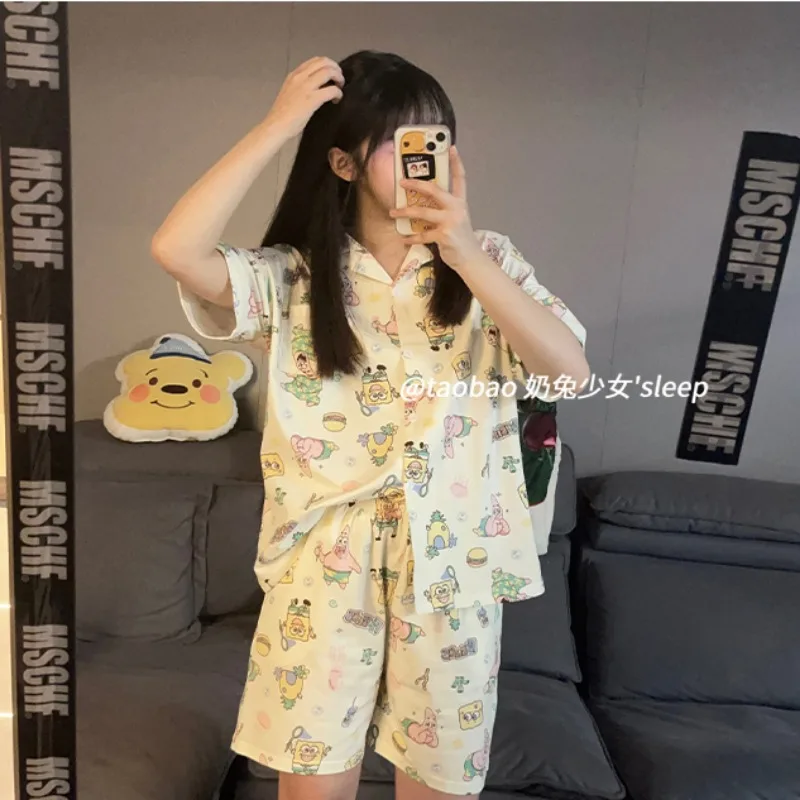 SpongeBob Patrick Star Pajama Set Short Sleeves Shorts Sleepwear Cartoon Anime Shirt Tops Summer Lady Casual Cute Homewear Gift