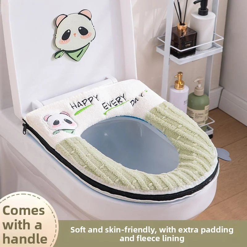 Toilet Seat Cover Cute Panda Plush Toilet Cushion Fits U O V Shape Warm Soft Bathroom Mats Zipper Washable Thickened Pads For Ho
