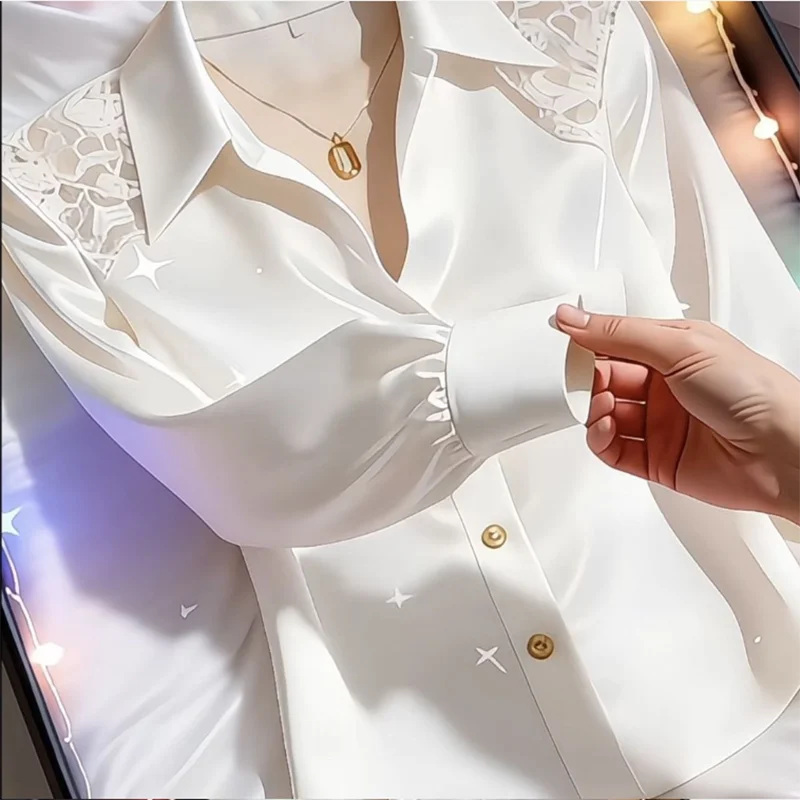White Long Sleeve Lace Splice Shirt Elegant Luxury Anti-aging Spring Summer Top Quality Base Layer Shirt For Women
