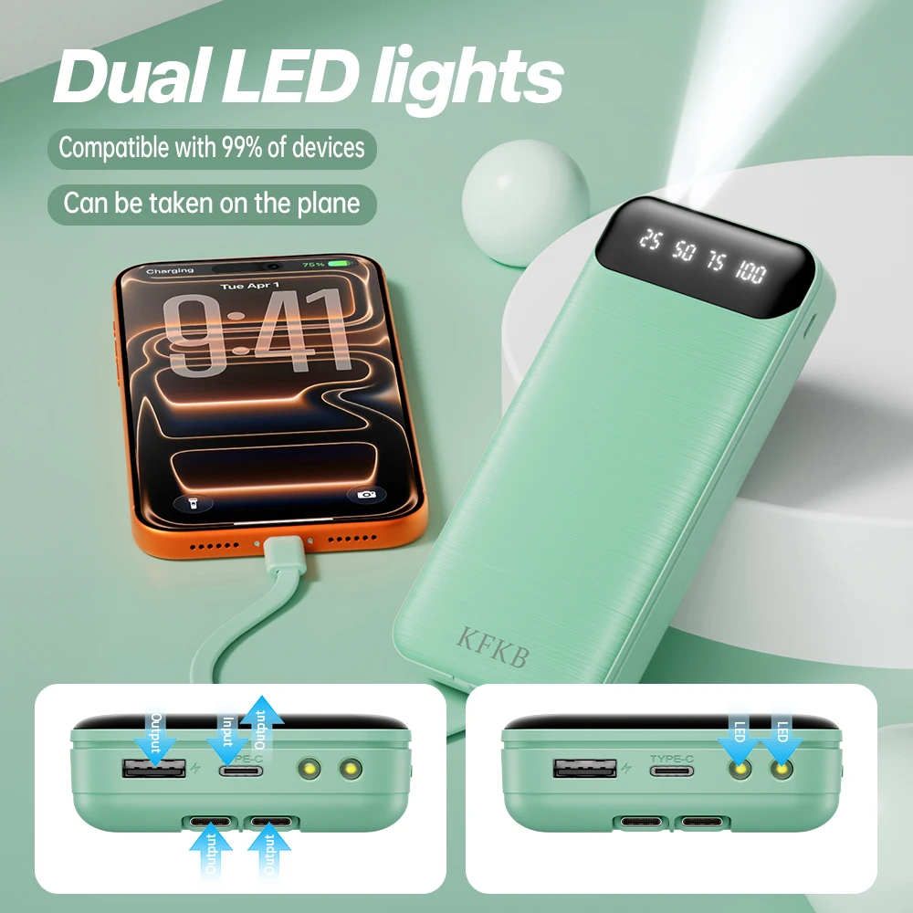 30000mAh large power bank with built-in USB-C cable. Portable charger for travel and business. Works with all smartphones. Includes 2 strong cables. 2A fast charging, 5 ports for charging. Travel essential, TSA approved, LED screen. Works with iPhone, Sam