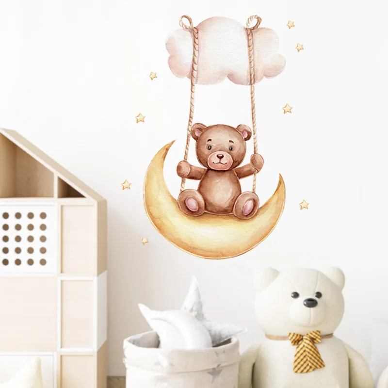 Teddy Bear Swing on the Moon Wall Sticker Decoration for Kids Room Baby Room Wall Decals Baby Nursery Bedroom Interior Sticker