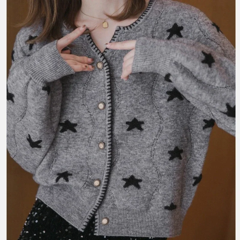 

Spring Autumn Jumpers Loose Star Patterns Single Breasted V Neck Cardigan Y2k TopWomen Knitted Cardigan Sweater Gentle Casual