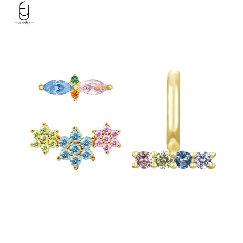 

925 Sterling Silver Needle Colorful Zircon Geometry Pendant Earrings for Women Exquisite Flower Stud Earrings Luxury Jewelry