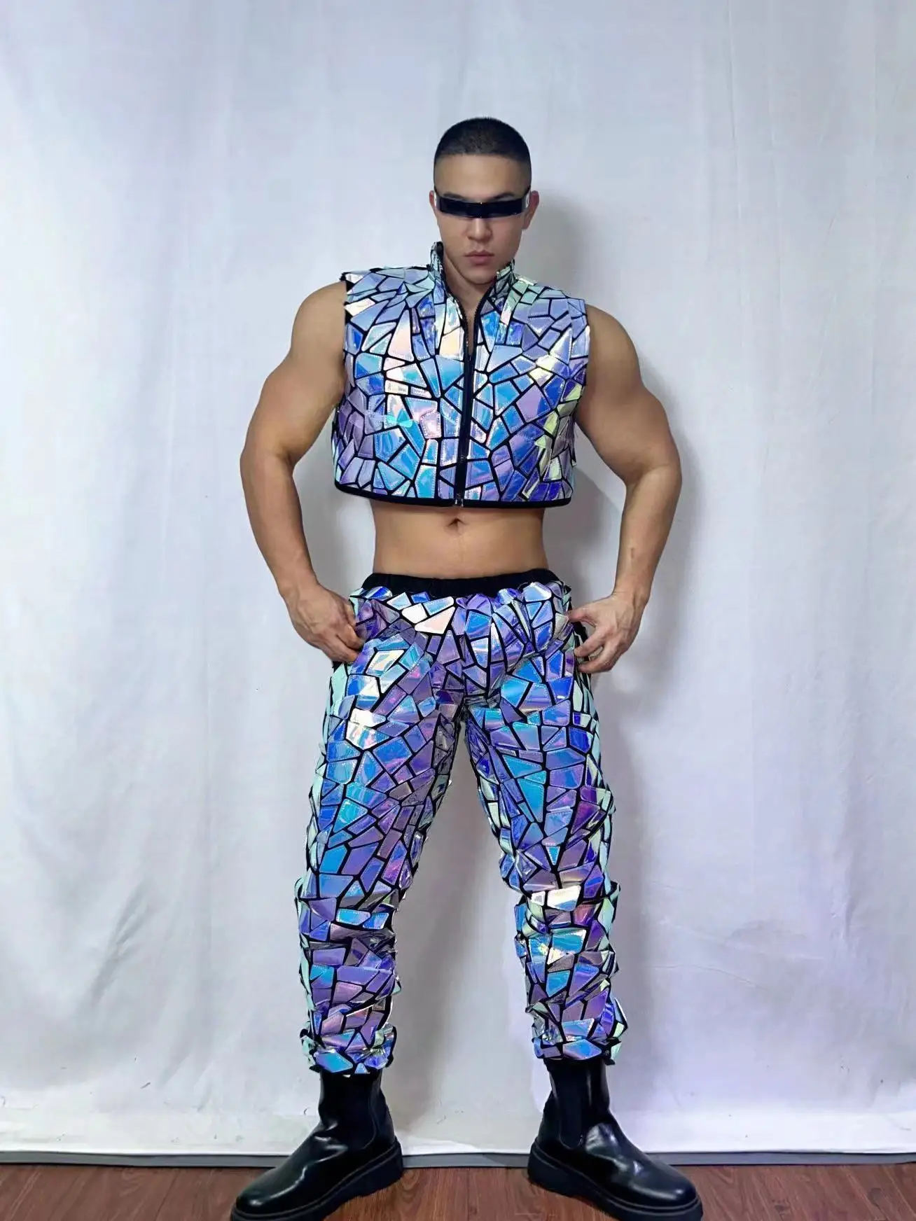 Trajes de baile de hip hop con Espejos azules, trajes de baile de Jazz, escenario, espectáculo, fiesta, actuación, club nocturno, cantante masculino, DS, DJ, gogo