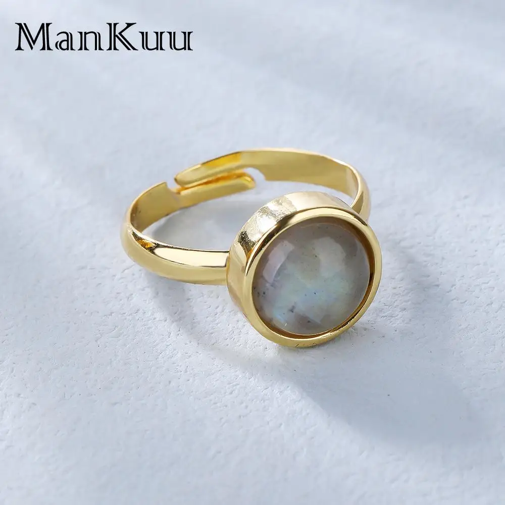 

Mankuu Fashion Adjustable Gold Plated Natural Healing Crystal Stone 10mm Labradorite Gemstone Rings Jewelry For Women Gifts