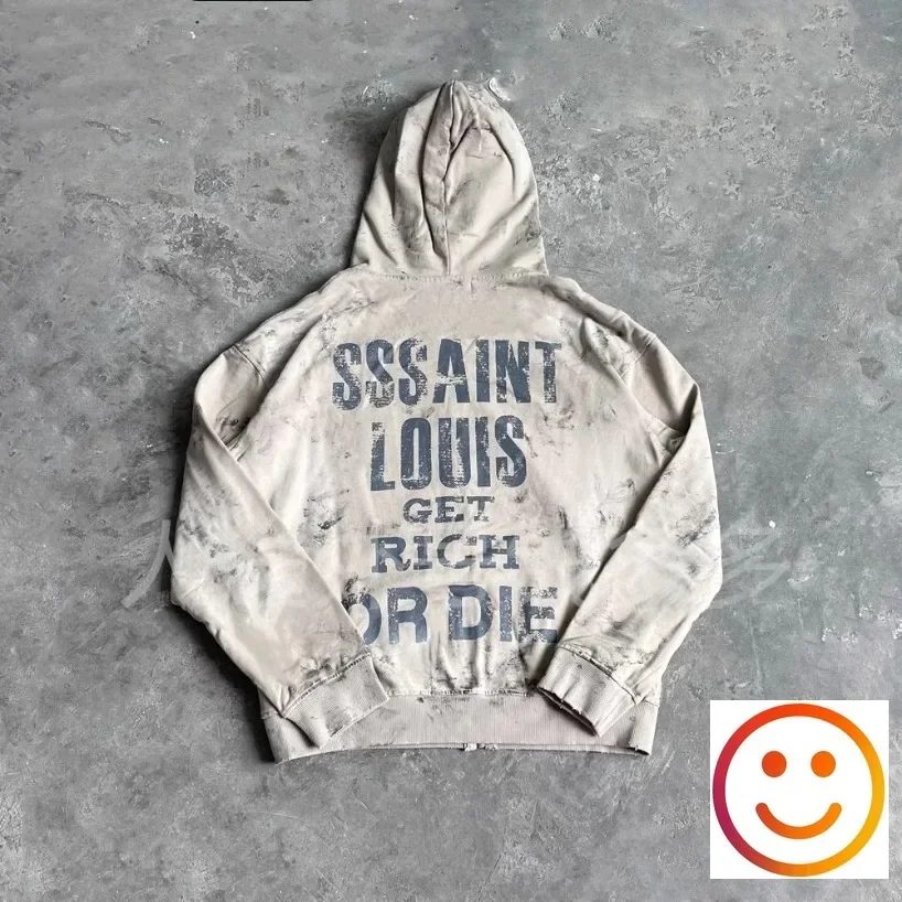 High Street SSSAINT LOUIS Graffiti Pattern Zipper Hoodie Men Women Vintage Washed Hold Damaged Red Heart Print Graphic Jackets