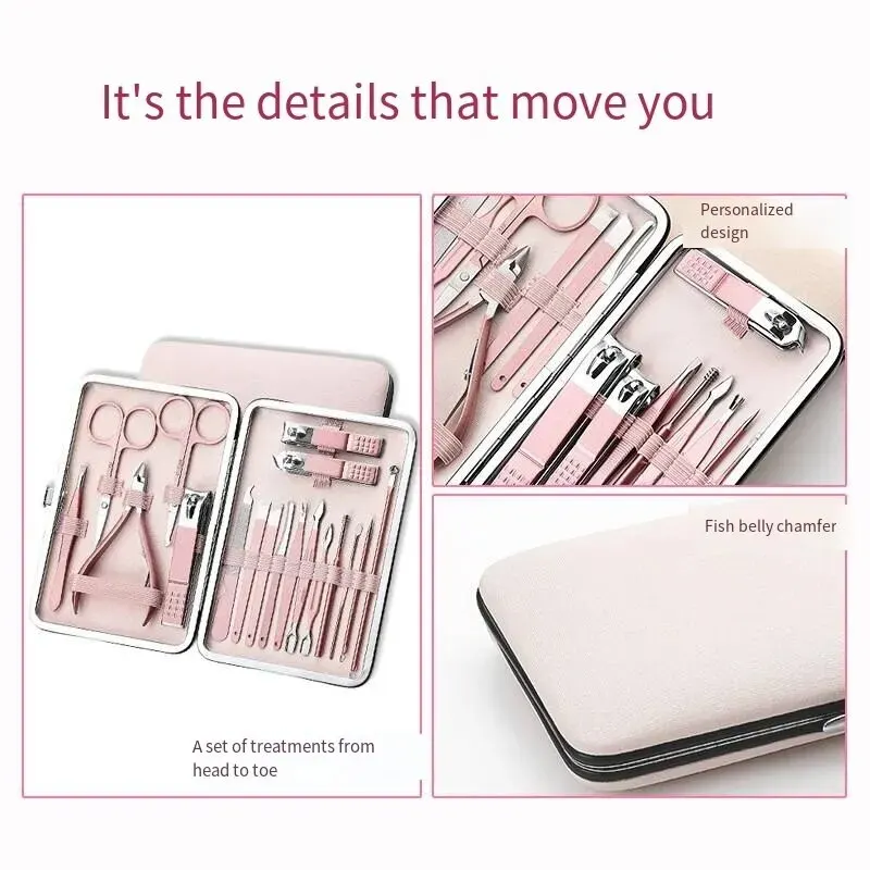 Diagonal Exfoliating Stainless Steel Nail Polish Set, Rose Gold, 18 Piece, Household Ear Spoon Scissors, For Men