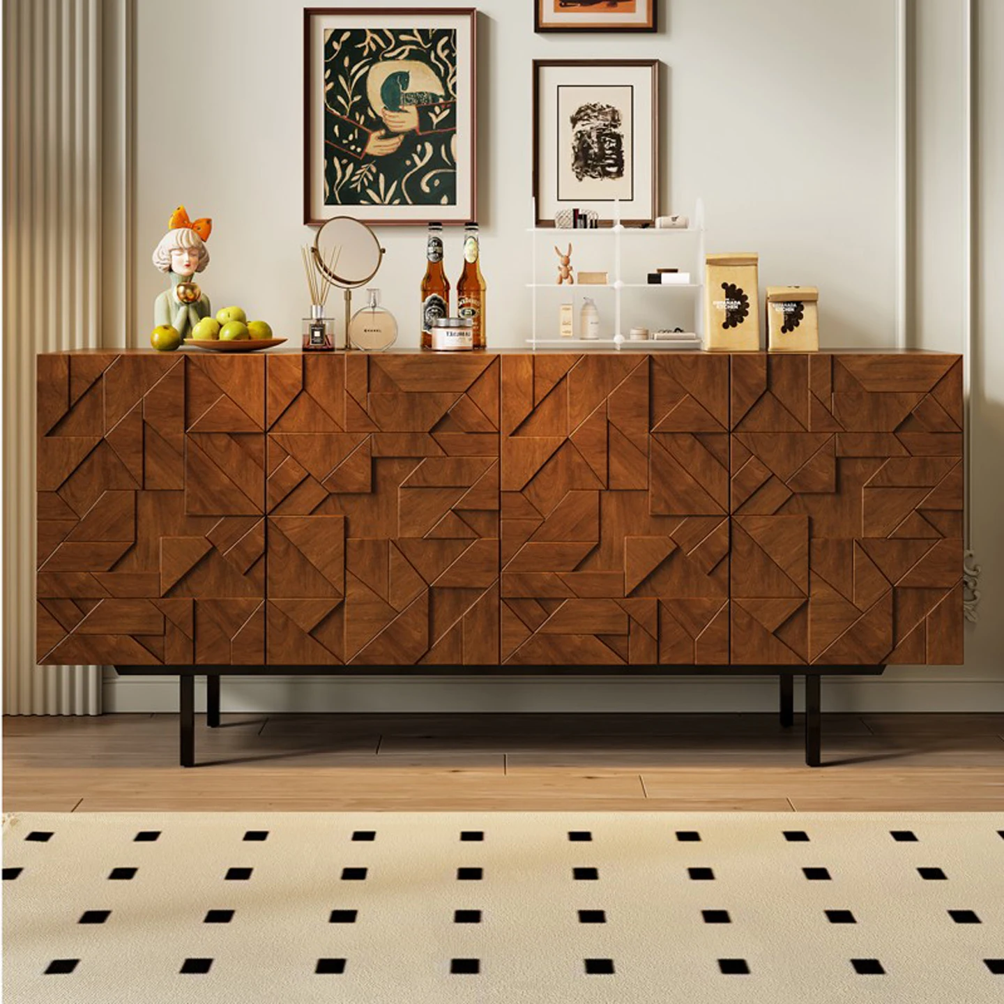 Medieval retro solid wood dining side cabinet, light luxury entrance decoration living room storage multi-functional storage c