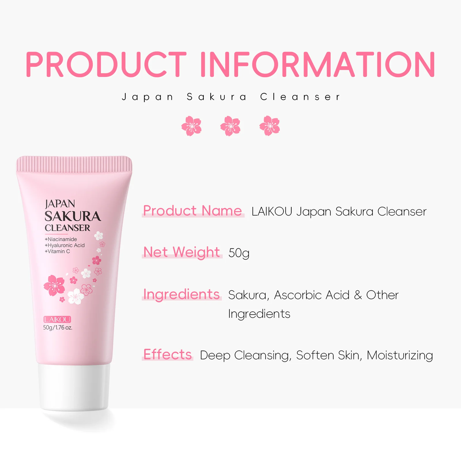 Laikou Sakura Facial Cleanser 50g Deep Pore Cleansing Oil Control Moisturizing Brightening Gentle Face Wash All Skin Types
