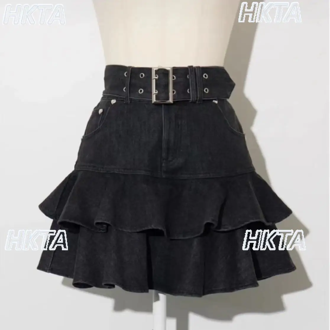 Japonais doux Cool coeur poche Double rangée trou ceinture mignon gonflé Pu jupe 2025 hiver nouvelle taille haute mince noir Denim jupe