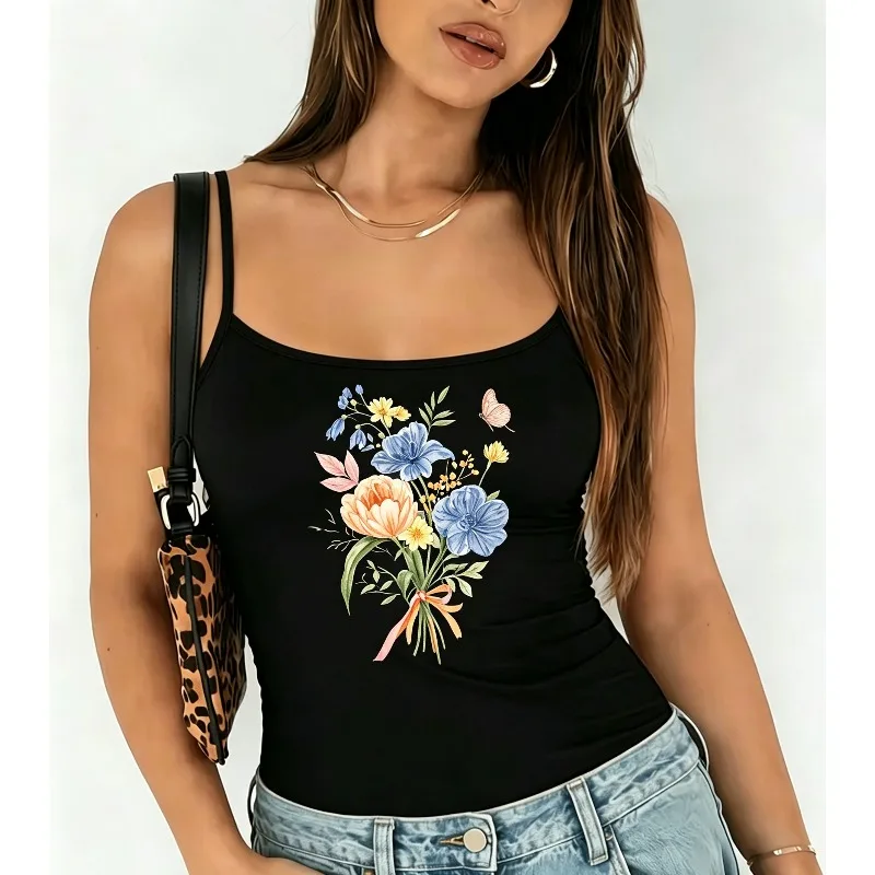 Women Watercolor Wildflower Bouquet Butterfly Print Cami Tank Top Vintage Floral Graphic Basic Vest Summer Casual Daily Tops
