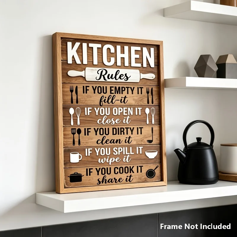 2D Flat, 2D Flat, 1pc Unframed Kitchen Rules Canvas Wall Art Print, Rustic Wood Effect Funny Kitchen Quote Poster, Farmhouse