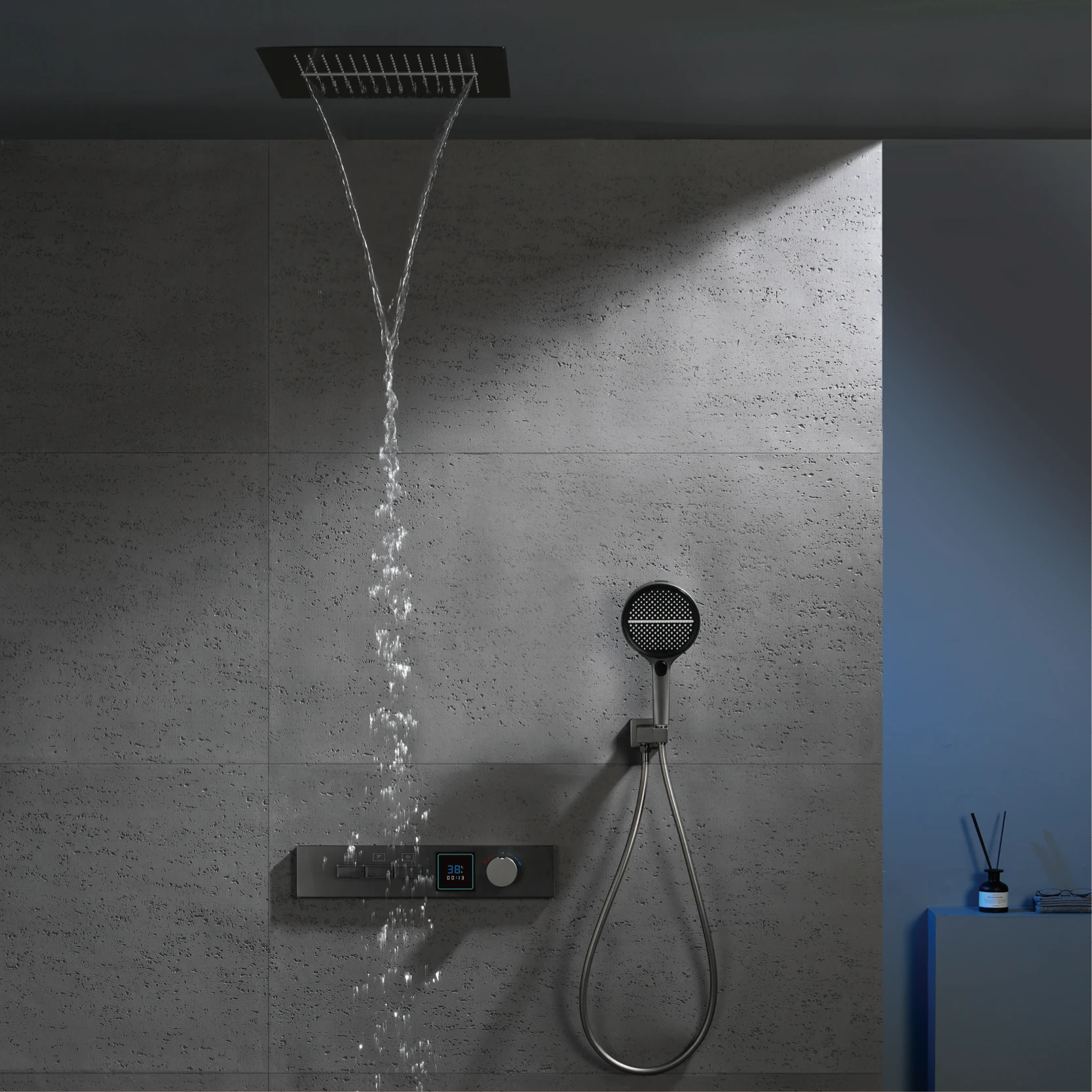 Embedded Ceiling Rain Shower Set Thermostatic Mixer LED Digital Screen 3 Spray Modes Hot Cold Water Bathroom Shower Fixture