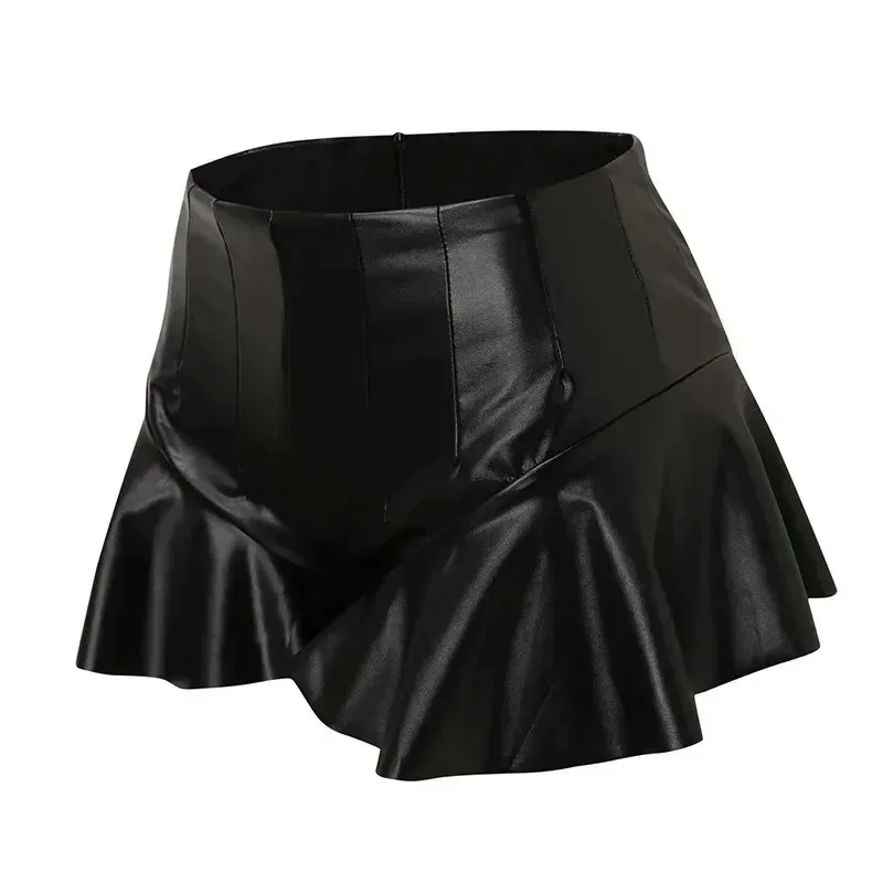 Women’s Shorts Summer High Waist Solid Color PU Leather Ruffle Trim Short Pants  High Waisted Shorts Sexy and High Elasticity