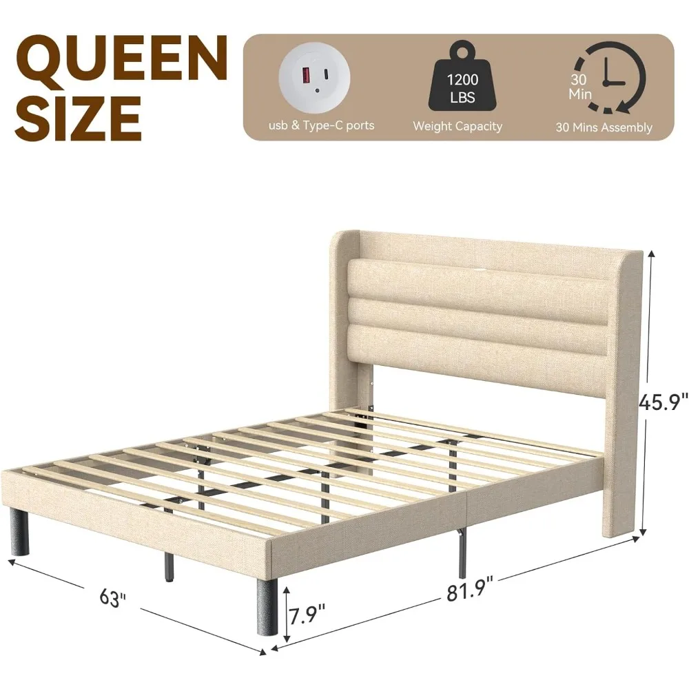 Queen Bed Frame with Type-C & USB Ports Upholstered Platform Bed Frame with Wingback Shelf Beige