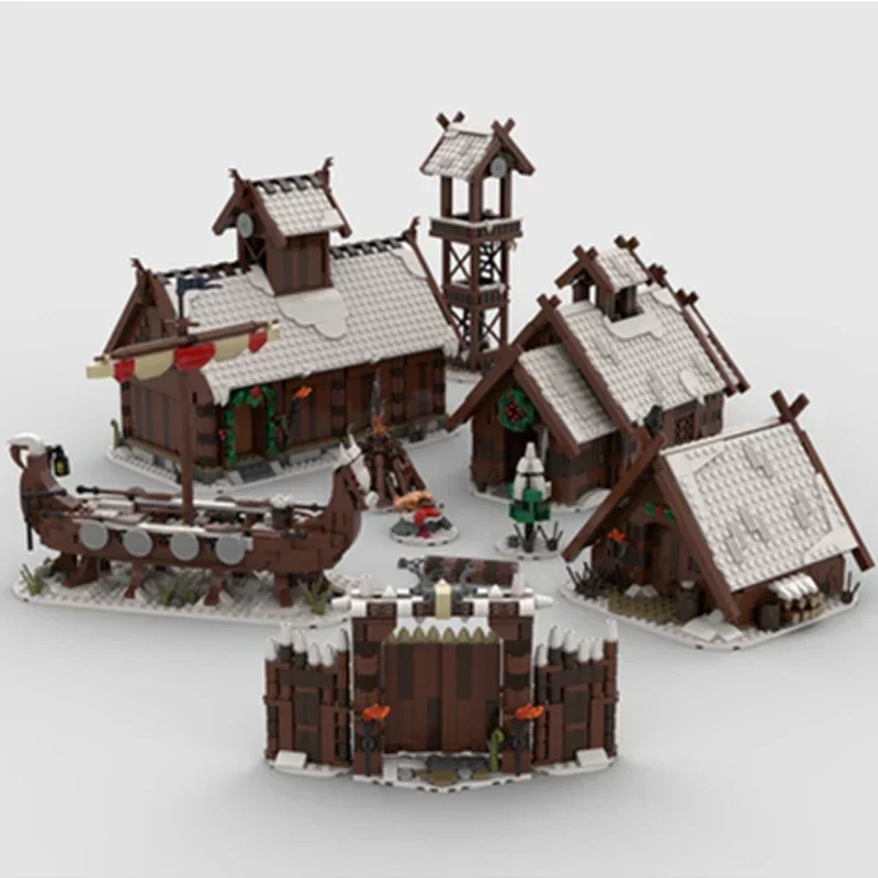 Middeleeuws Model Moc Bouwstenen Modulaire Winter Viking Dorp Technologie Blokken Geschenken Kerst Speelgoed DIY Sets Montage