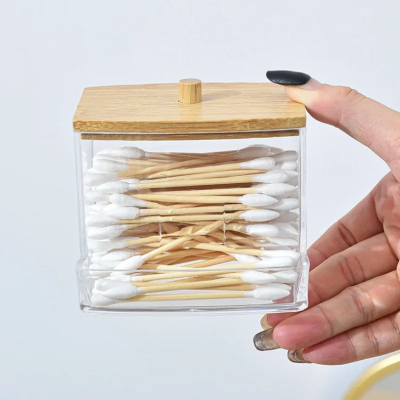 Baumwolle Tupfer Lagerung Box Doppel Kopf Holz Baby Baumwolle Tupfer Transparent Quadrat Bambus Abdeckung Baumwolle Knospen Zahnstocher Organizer – Detail 5