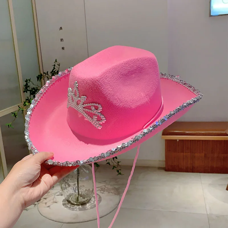 KAMMPT Wide Brim Pink Cowboy Hats Cowgirl Party Carnival Western Hats Stylish Glitter Crown Sequin Feather Caps for Women\'s