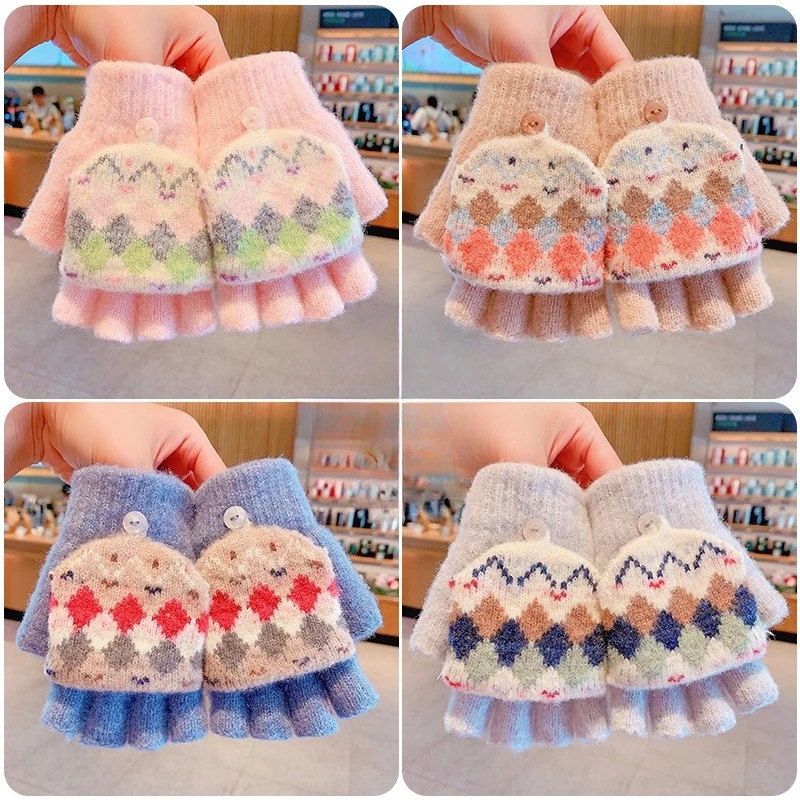 New Knitted Kids Convertible Flip Top Gloves Thick Warm Button Half‑Finger Gloves For Toddler Boys Girls Winter Hand Warm Gloves