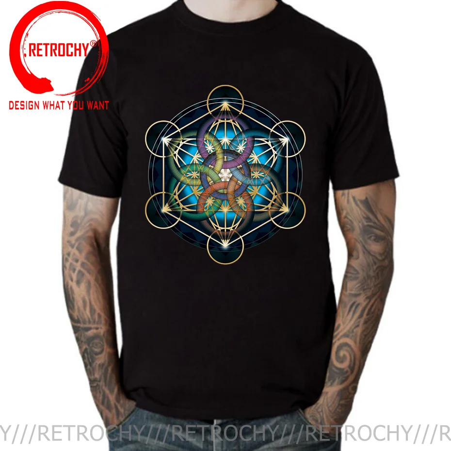 Galaxy Metatrons Cube Flower Of Life Tops T Shirt Men\'s Cotton Crazy T-Shirt Sacred Geometry Magic Mandala Tee Fitness tshirt