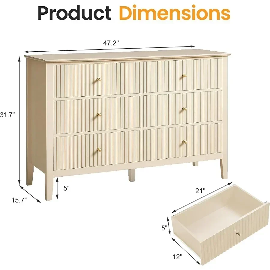 6 Drawer Dresser, Fluted Modern Wood Chest of Drawers, Long Dresser for Bedroom TV Stand Storage Cabinet for Living Room