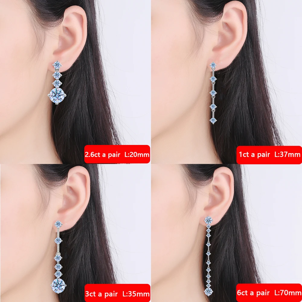 6 Carat a Pair D Color Full Moissanite Long Tassel Stud Earrings S925 Sterling Silver Plate Pt950Light Luxury Niche Fine Jewelry