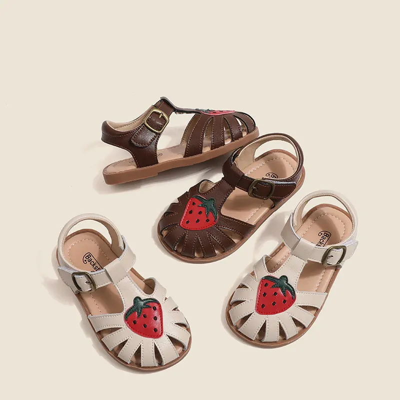 Barefoot Sandals for Kids Toe-capped Strawberry Fruit Summer Sandals Shoes Little Girls Soft Leather Roman Beach Boho Sandals