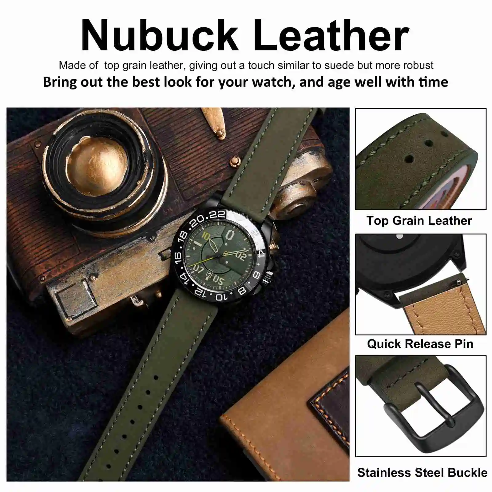 WOCCI Nubuck Cowhide Watch Band,18mm 20mm 22mm Watchband,Black Brown Green,for Samsung Fossil Q Michael Kors,Quick Release