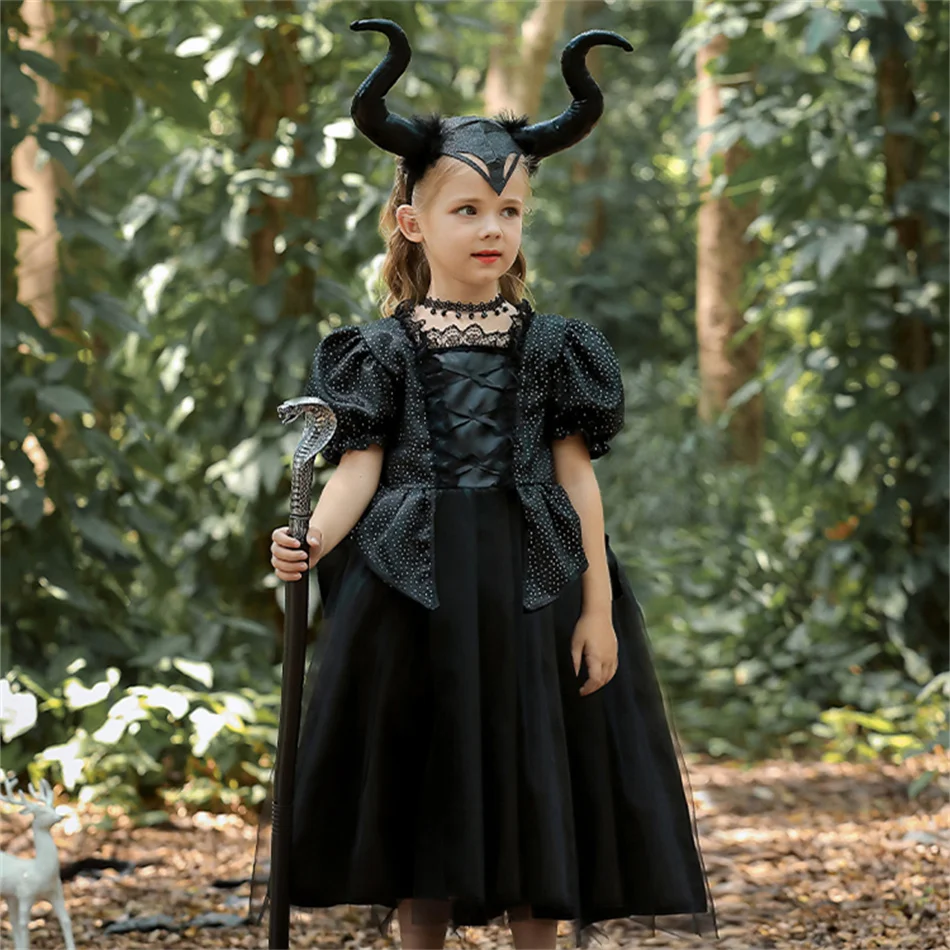 Böse Königin Halloween Cosplay Kostüm Mädchen Schwarzes Hexen-Prinzessinnenkleid Kinder Geburtstag Karneval Party Kleidung Bühnenauftritt Kleid – Detail 20