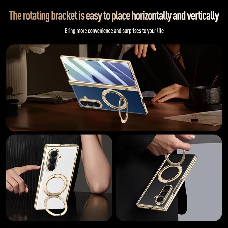 Luksusowe skórzane etui do Samsung Galaxy Z Fold8 Ultra 8 7 360 ° Obrotowy uchwyt, magnetyczna folia ochronna z hartowanego szkła, bezprzewodowe ładowanie — zdjęcie produktu 4