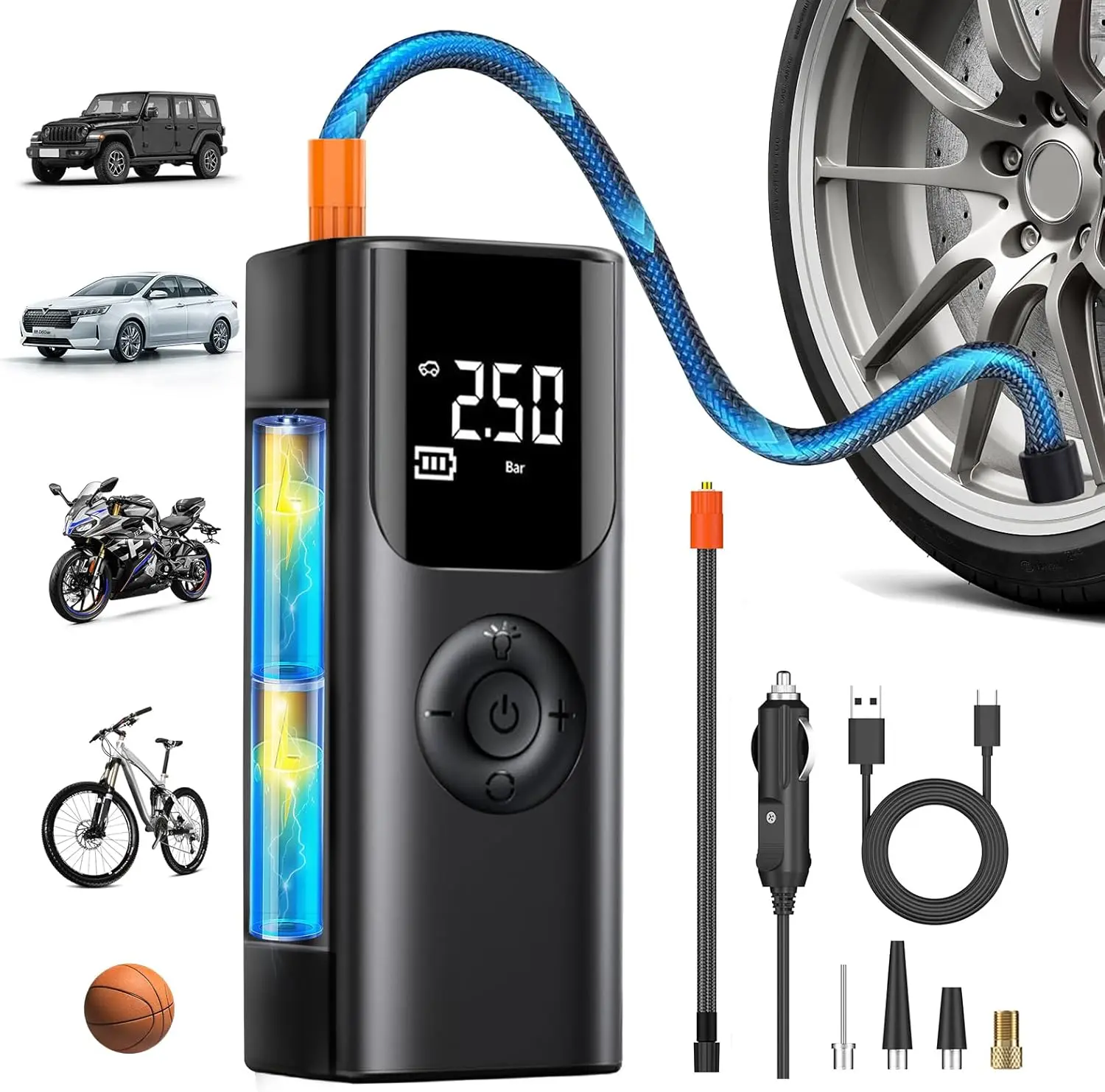 

QINK ROLML Cordless Tire Inflator 150PSI Portable Air Compressor for Car, Bike, Motorcycle - LCD Pressure Display