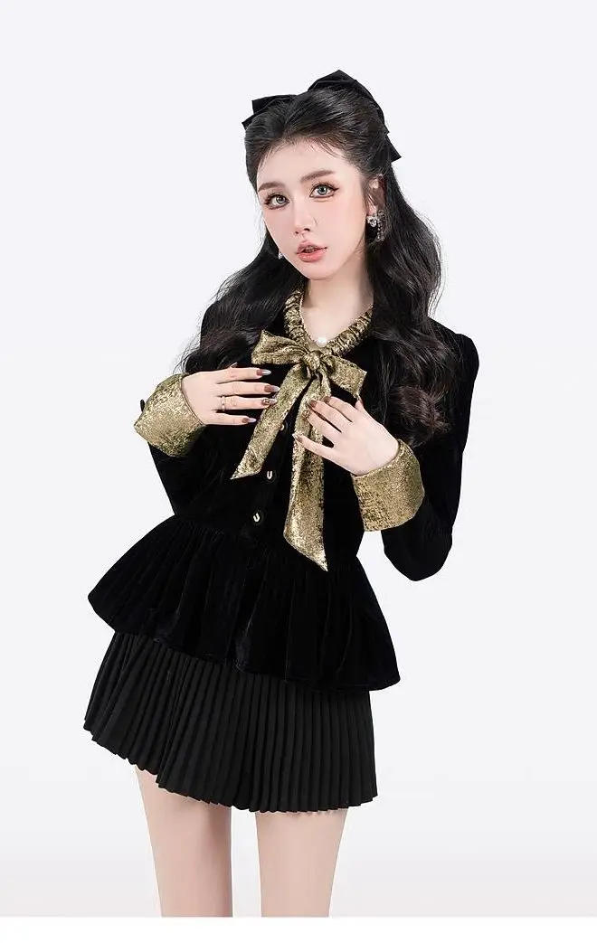 

Two Piece Set Top Skirt Autumn Fashion Designer Vintage Hit Color Women'S Sleeve Bow-Frenulum Ruffles High Waist Slim Mini