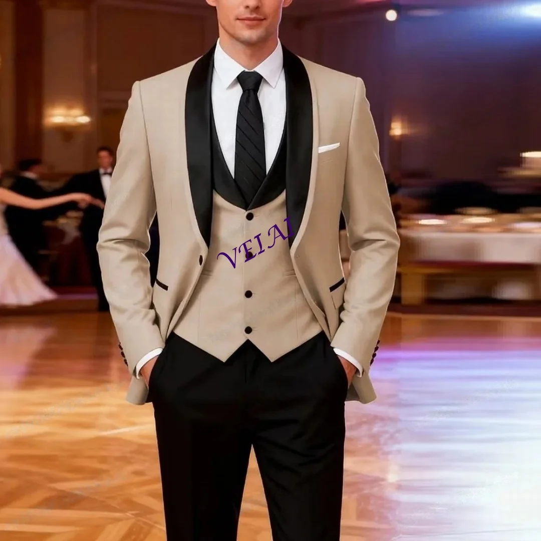 

CustomizedBeige And Black Men Suit Wedding Party Formal Groom Groomsman Prom Business Male Tuxedos 3 Piece Set Jacket Vest Pants