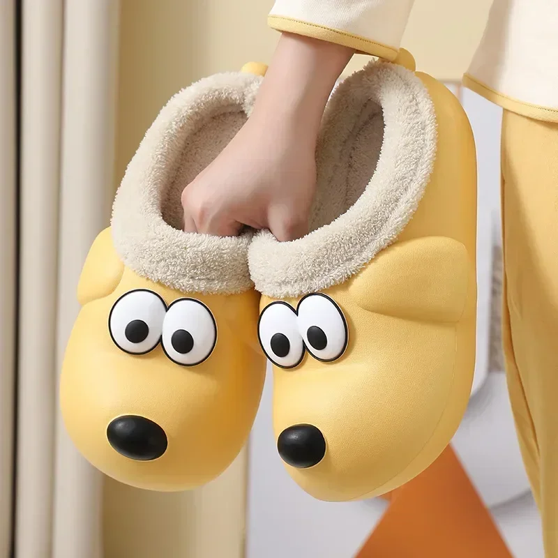 Winter Warm Home Slippers Women Cartoon Dog Waterproof Slippers Men Indoor Cotton Shoes Non-Slips Soft EVA Slippers Couples Shoe