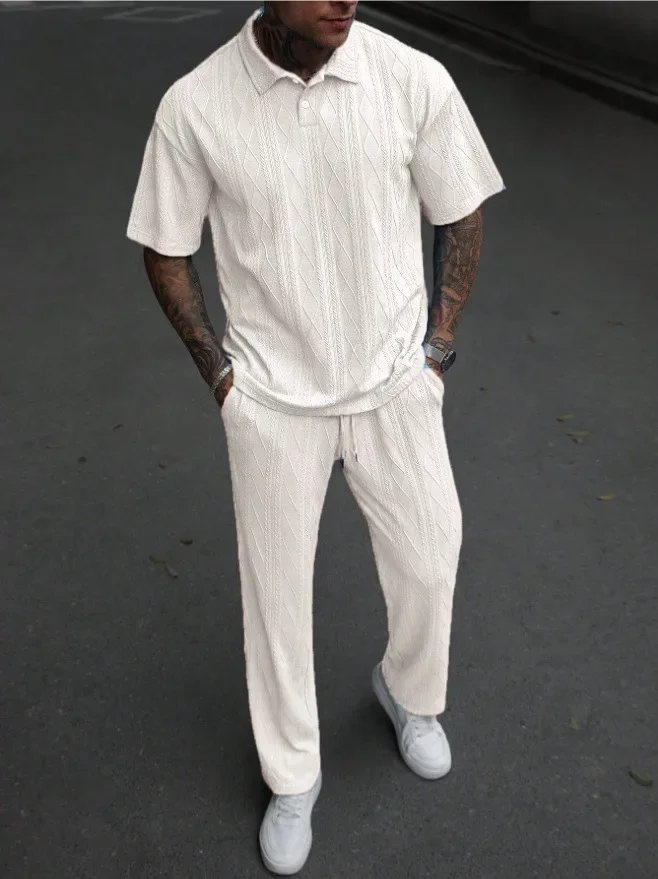New Fashion Casual Trendy Knitted 2 Piece Sets Solid Color Short Sleeve Turn-down Collar T-shirts Loose Straight Trousers Male