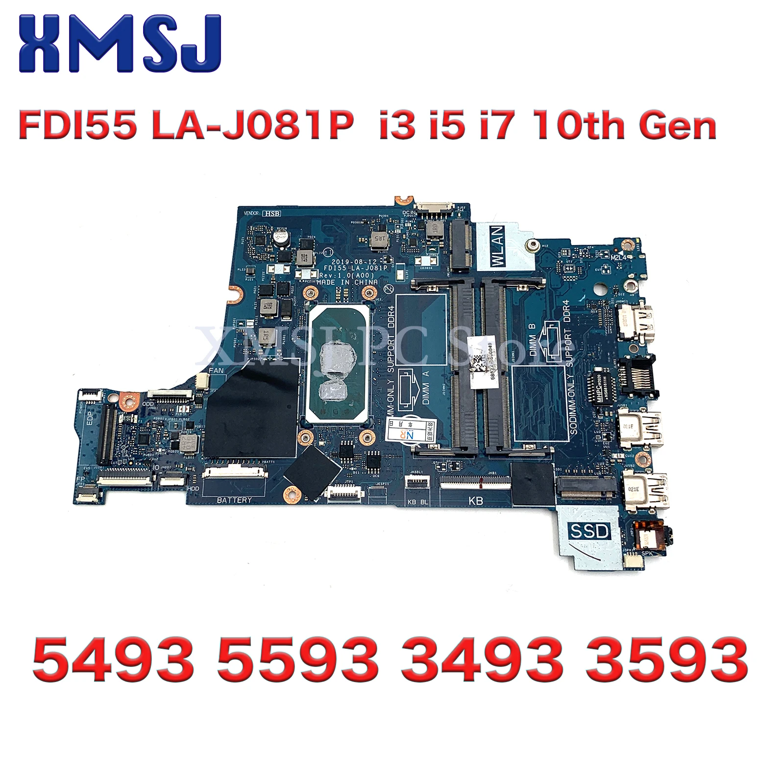 FDI55 LA-J081P For Dell 5493 5593 3493 3593 Laptop Mainboard 0PTGYC 03DD3K 0CH9H2 i3 i5 i7 10th Gen Motherboard