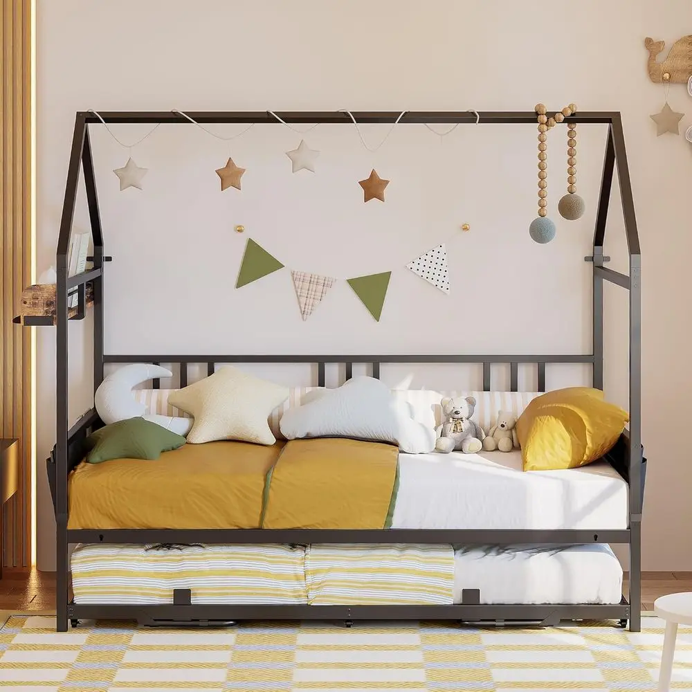 

House-Shaped Twin Daybed with Storage and Trundle, Ideal for Living Room, Bedroom, or Guest Room, Black