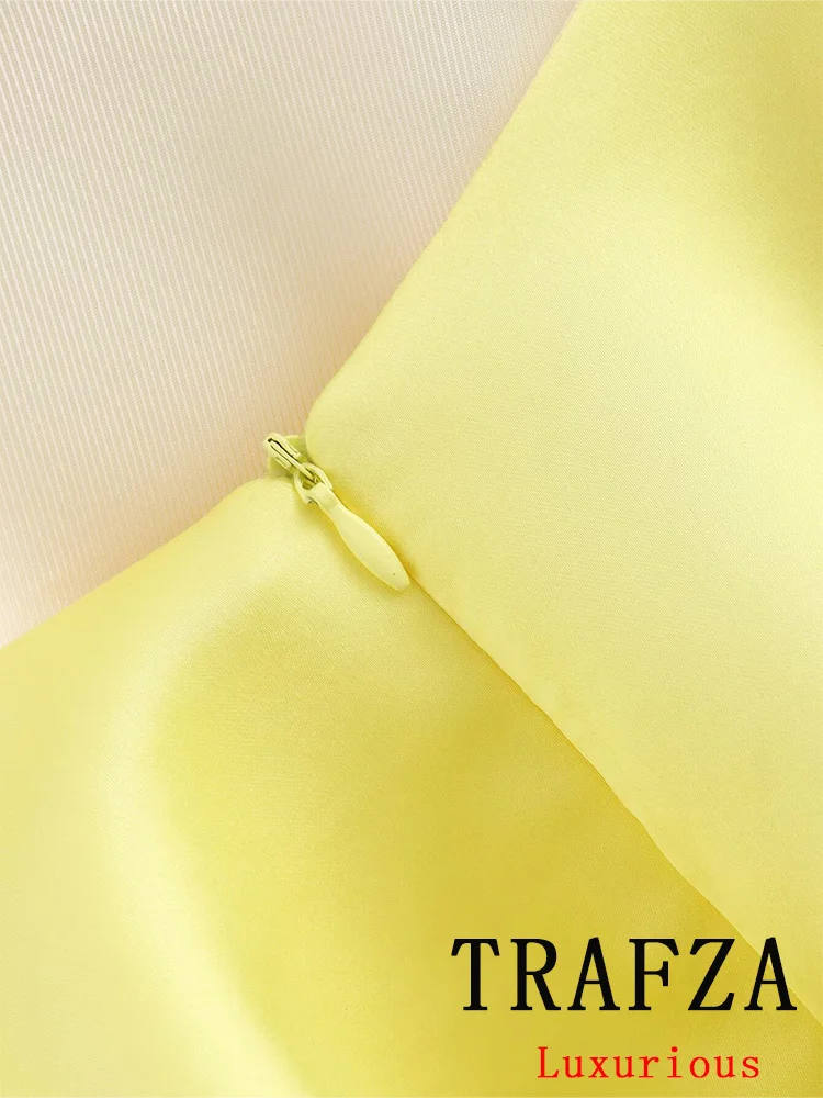 TRAFZA Vintage Casual Women Cami Dress Yellow Solid Hollow Out Ruffles Mini Vestidos Fashion 2024 Summer Party Dress