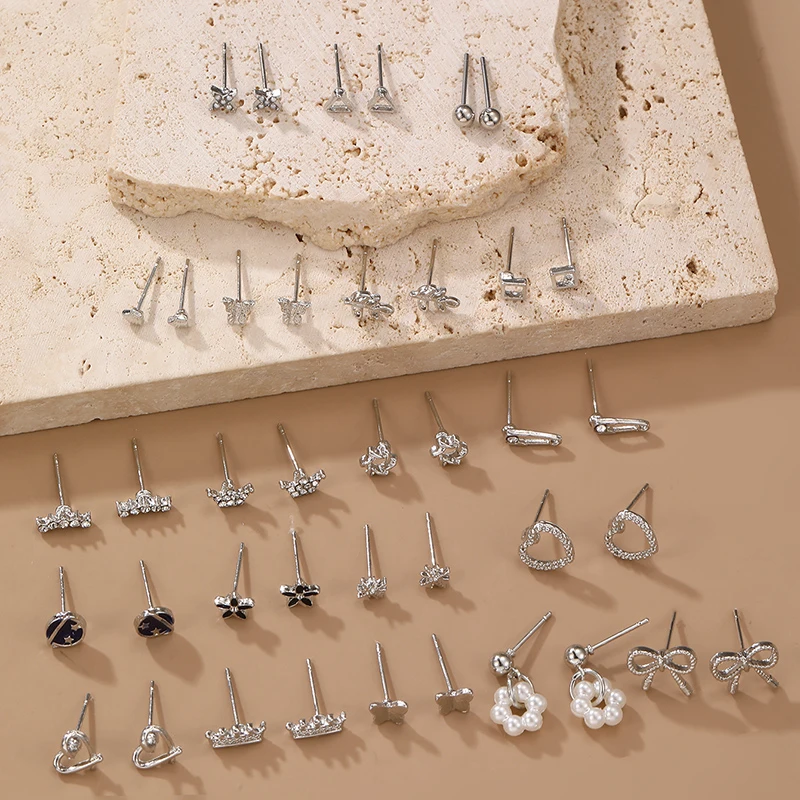 40pcs/set Minimalist Bow Heart Earrings – Dainty Ribbon & Love Studs, Elegant Jewelry.
