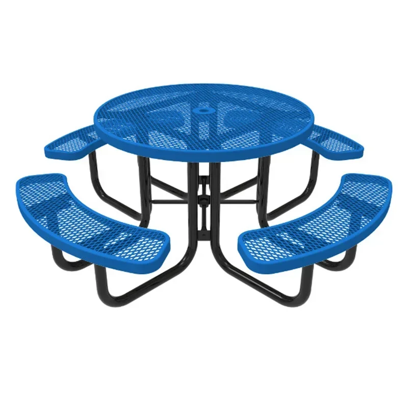 Outdoor park patio commercial steel mesh picnic camping table with bench outside restaurant round metal dining table and chair