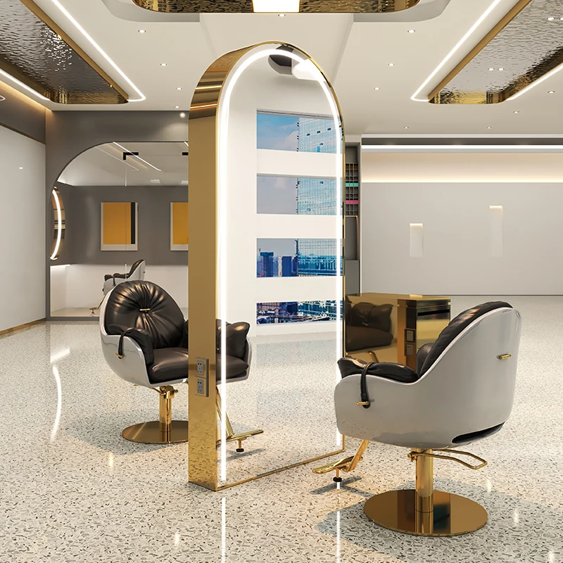 

Luxury salon furniture led light gold frame double sided barber station modern hair salon mirrors designs