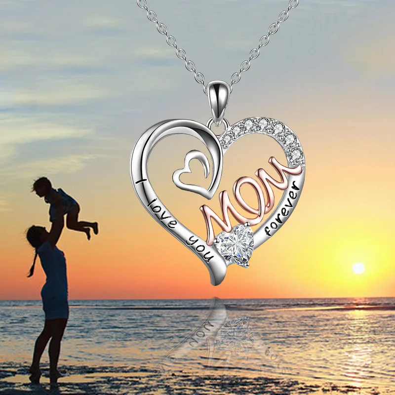 Elegant White K Plated Love Heart Mom Pendant - A Chic and Treasured Necklace for Mother's Day