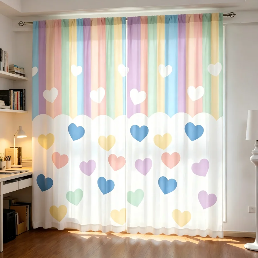 2PCS Digital Print  Curtain, Colorful Hearts Vertical Stripes, Modern Home Decor  Curtain for Bedroom Living Room