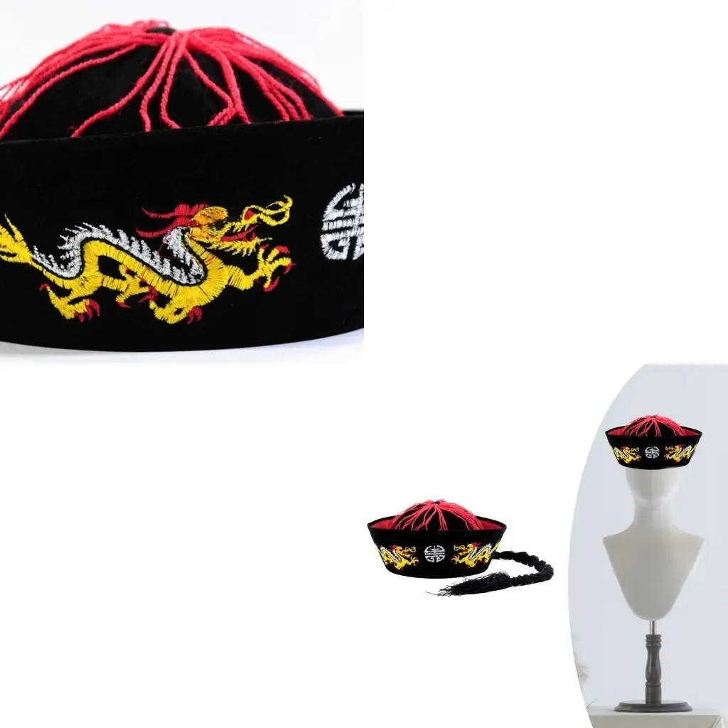 

39BD Ancient Chinese Mandarin Hat with Artifial Pigtail for Cosplay Party Halloween