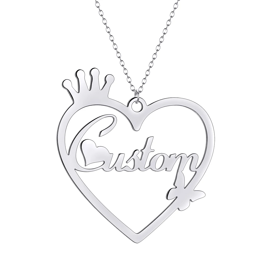 QIAMNI Custom Name Necklaces Butterfly Crown Heart Pendant Jewelry Anniversary Gift Personalized Stainless Steel Letter Choker