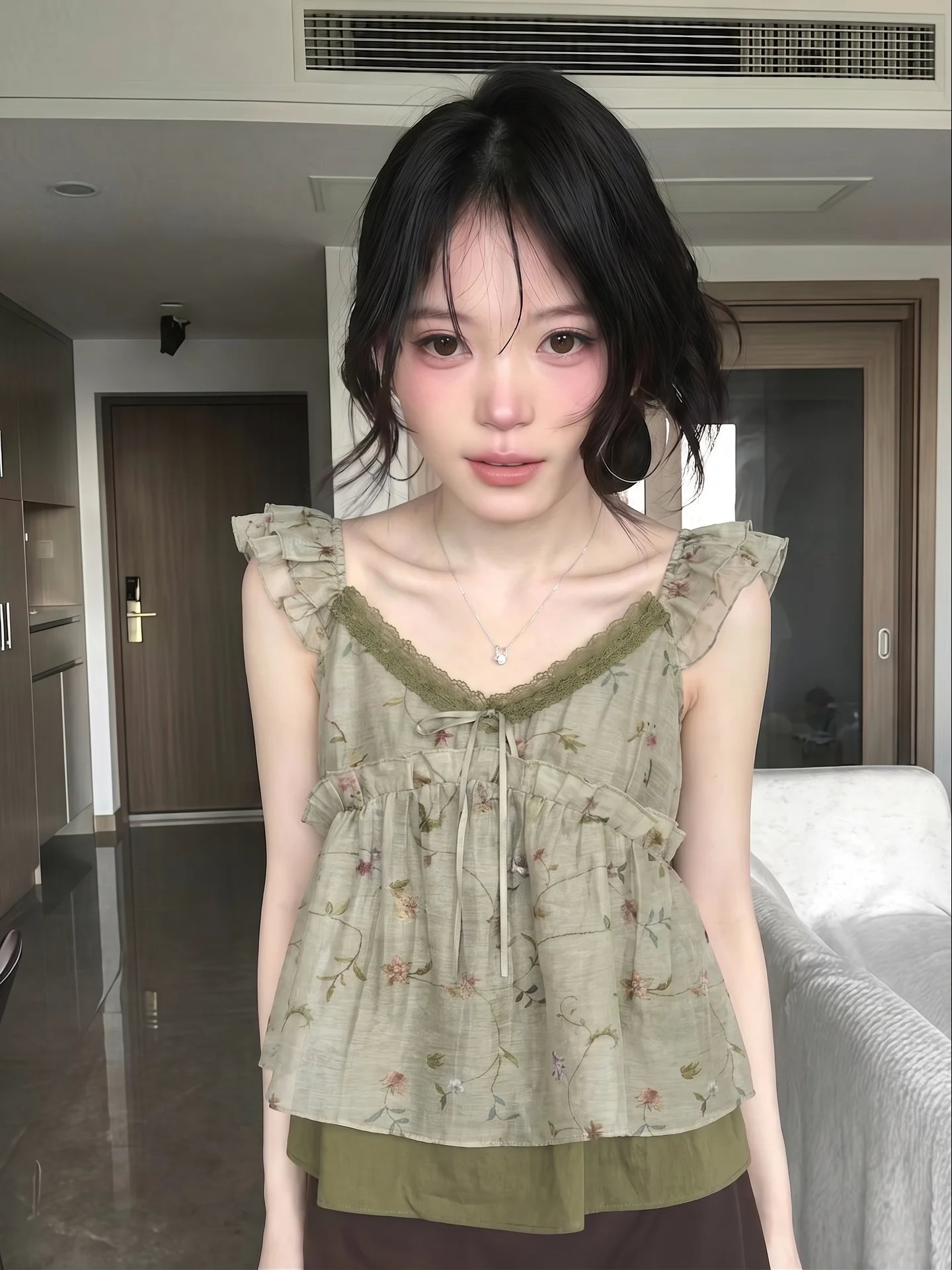 Summer Design Sense Floral Lace Trim Crop Top Women's Floral Print Loose Fit V-Neck High Elasticity Green Wild Fairy Tale Style
