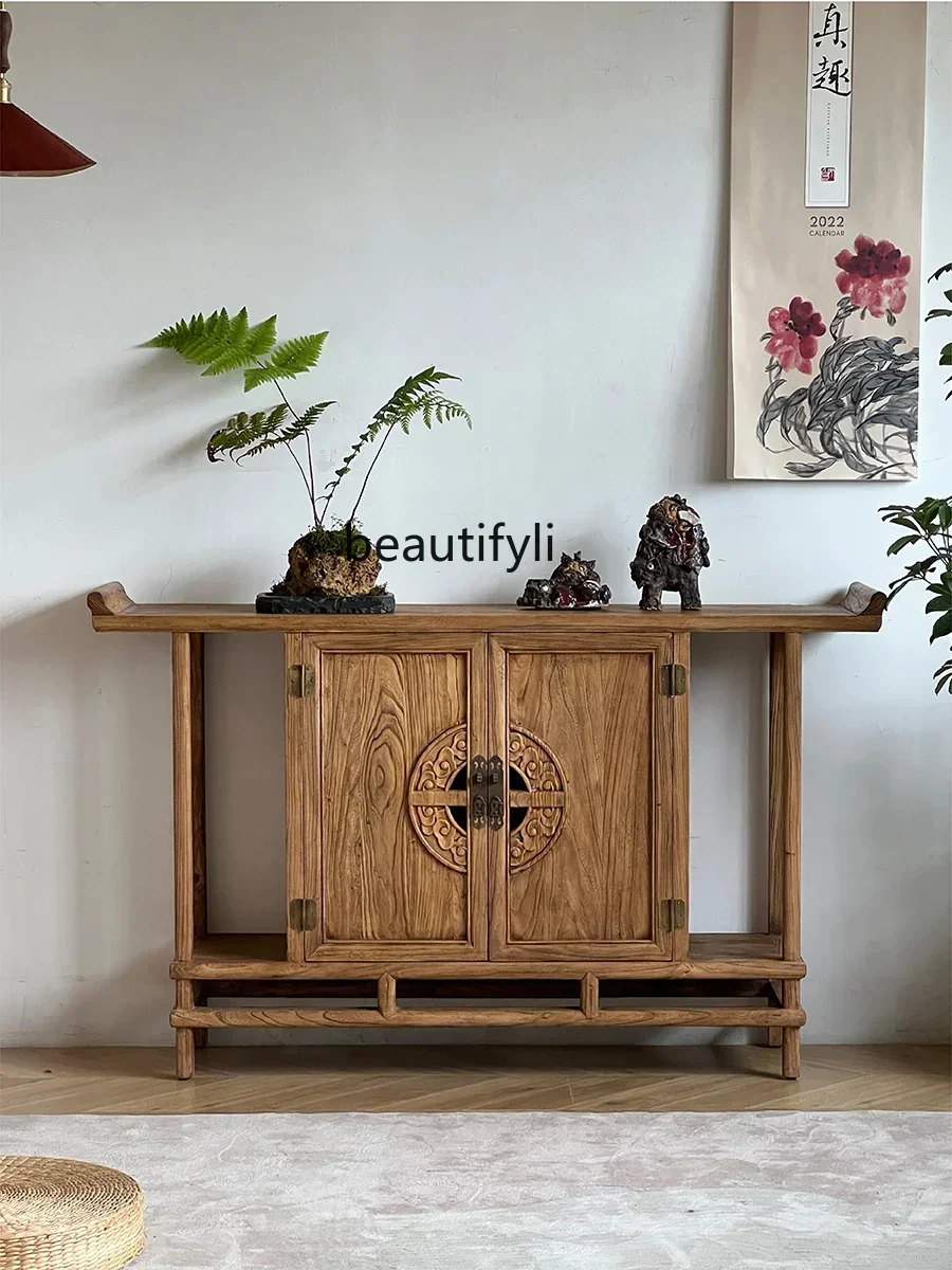 

Old elm porch cabinet weathered wood warped head, solid wood foyer partition simple middle hall table incense table