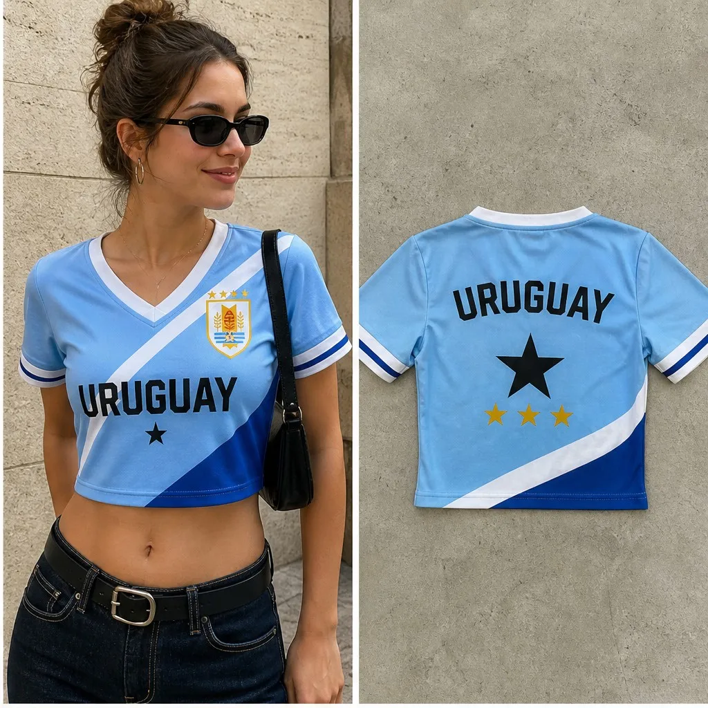 Women Uruguay V Neck Crop Top Star Crest Print Short Sleeve Summer Street Travel Daily Fashion Tee Modern Chic Outfit Style Look