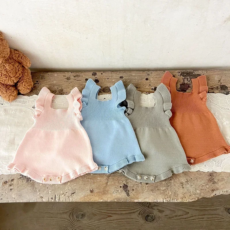 

2025 New Autumn 0-24M Toddler Baby Girl Knitted Romper Sleeveless Solid Color Infant Baby Jumpsuit Baby Girl Knitted Clothing